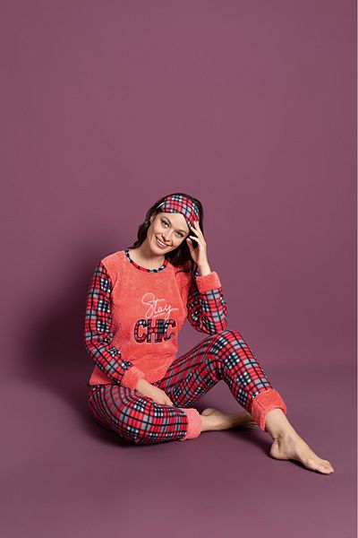 Asel Women's Plaid Patterned Fleece Pajama Set