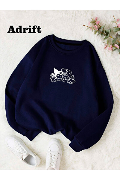 Adrift Hanorac din bumbac oversize colorat Kuromi, albastru bleumarin