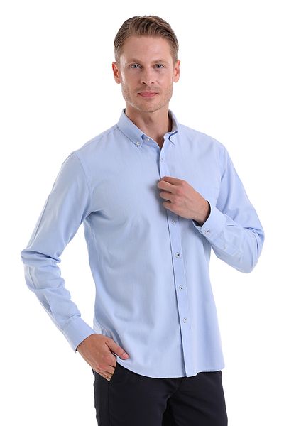 Hatemoğlu Μπλε Comfort Fit Απλό 100% βαμβακερό γιακά με μακρυμάνικο πουκάμισο Oxford