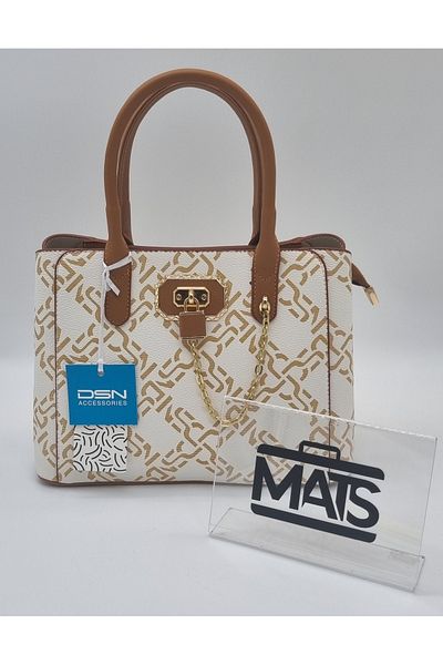 DSN Lock and Chain Decorated Hand and Shoulder Bag White Tan