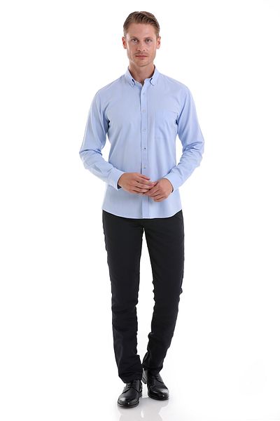 Hatemoğlu Μπλε Comfort Fit Απλό 100% βαμβακερό γιακά με μακρυμάνικο πουκάμισο Oxford