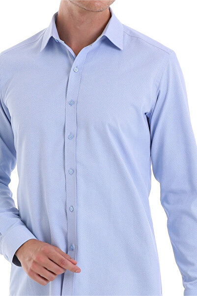 Hatemoğlu Mavi D. Slim Fit Desenli Pamuklu Slim Yaka Uzun Kollu Spor Gömlek