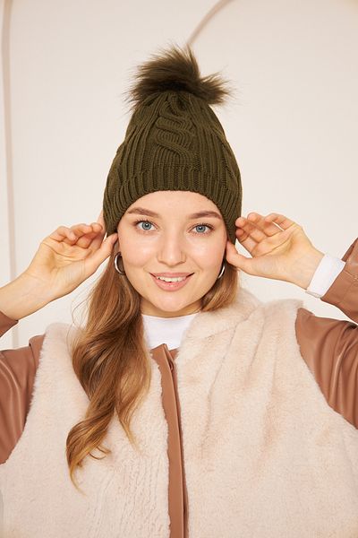 Eke Tekstil Khaki Women's Knitted Knitted Beret with Pompom
