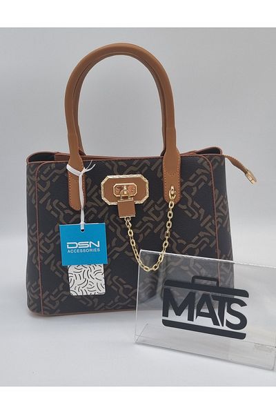 DSN Lock and Chain Decorated Hand and Shoulder Bag Brown Brown