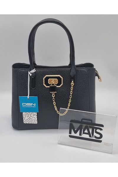 DSN Lock and Chain Decorated Hand and Shoulder Bag Black