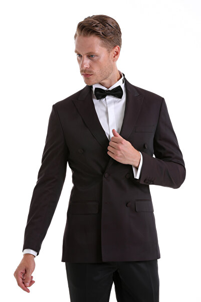 Hatemoğlu Bordo Slim Fit Düz Sivri Yaka Klasik Kruvaze Smokin Damatlık