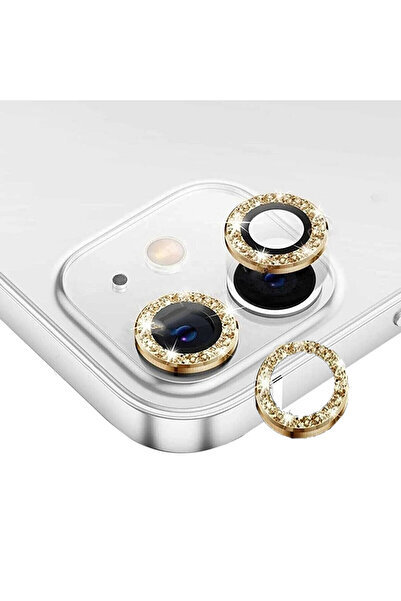Merwish Apple Iphone 11, Iphone 12 Ve 12 Mini Uyumlu Taşlı Kamera Lensi Koruyucu Mercek Lens Gold