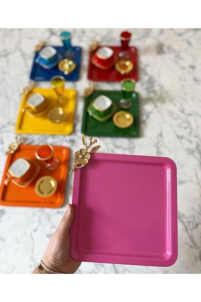MODAGÖKÇE Set of 6 Metal Trays with Colorful Japanese Roses