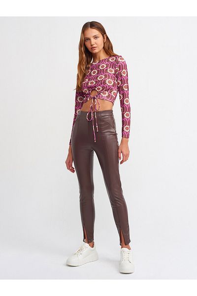 Dilvin 7866 Zippered Leggings Trousers-brown