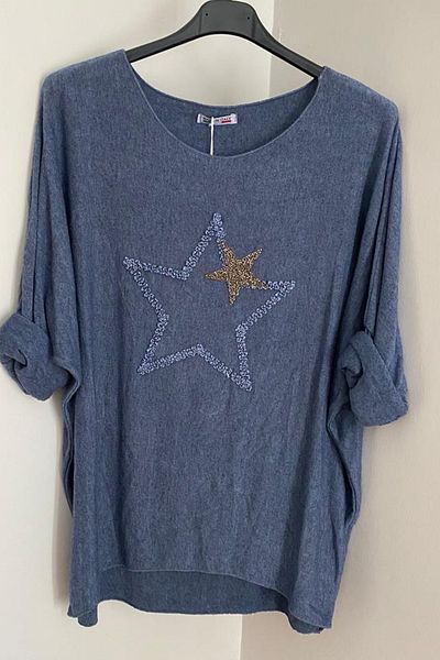 AYASOFYA OTANTIK Bluză din tricot cu mânecă liliac, albastru indigo italian, cu stea de piatră