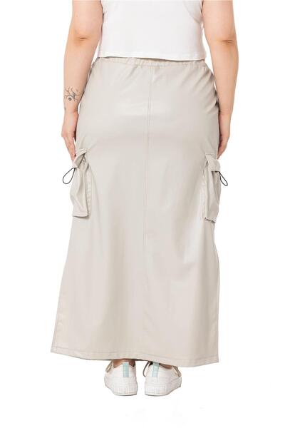 DISENTIS MODEST Large Size Gray Long Leather Skirt with Gather Detail on Waist and Pockets