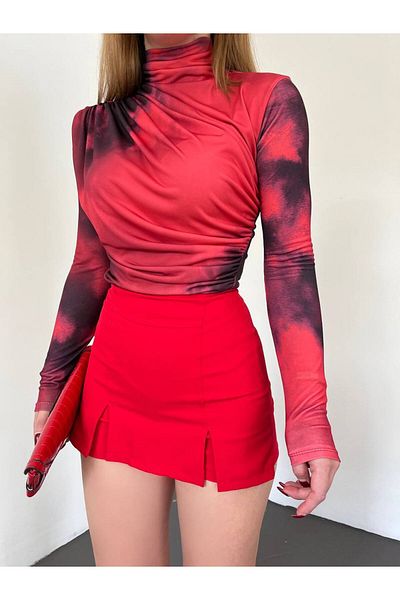 Fav Style Γυναικεία μπλούζα με μοτίβο μπατίκ στους ώμους και τη μέση με ψηλό γιακά μακρυμάνικη μπλούζα Ρόδι λουλούδι