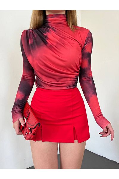 Fav Style Γυναικεία μπλούζα με μοτίβο μπατίκ στους ώμους και τη μέση με ψηλό γιακά μακρυμάνικη μπλούζα Ρόδι λουλούδι