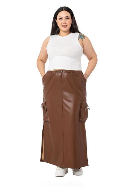 DISENTIS MODEST Plus Size Gather Λεπτομερής σχισμή μακριά δερμάτινη καφέ φούστα με μέση και τσέπες