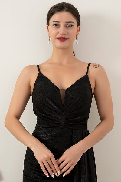 PULLIMM Rochie de seară lungă din tul cu sclipici, cu bretele, plisate, 39711