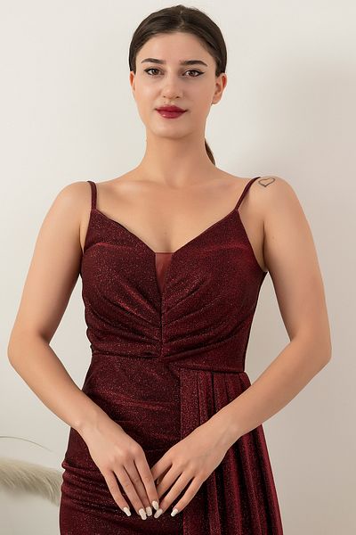 PULLIMM Μακρύ βραδινό φόρεμα με λουράκι πλισέ σχισμή ασημί τούλι 39711