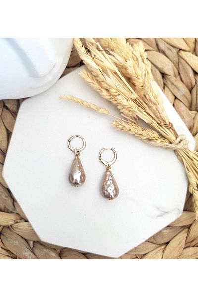 HALHALMILL Handmade Glass Pearl Patterned Beige Drop Earrings