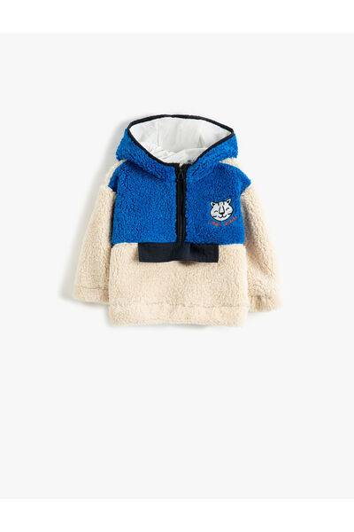 Koton Plüsch-Kapuzenpullover mit halber Reißverschlusstasche und Katzenstickerei