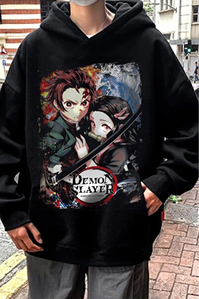 DEEFWEAR Hanorac oversize unisex cu glugă cu imprimeu Demon Slayer