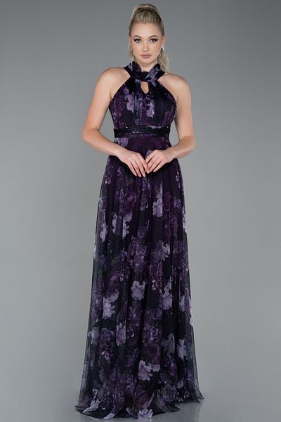 Abiyefon Rochie de seara lunga mov cu flori Abu674