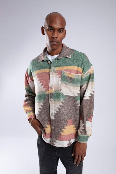 XHAN Brown Ethnic Patterned Oversize Shirt 3YXE2-47565-18