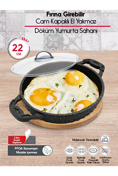 fitfiyat Kapaklı 22 Cm Yanmaz Yapışmaz Granit Döküm Sahan Cam Kapaklı Sahan