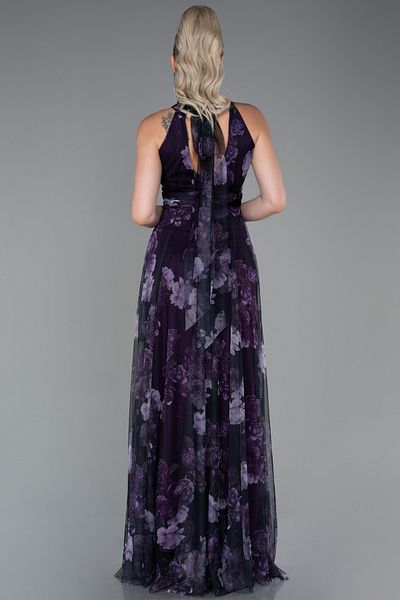 Abiyefon Rochie de seara lunga mov cu flori Abu674