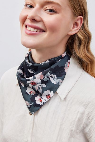 THE MOON Gray Vegan Silk Scarf with Peony Pattern