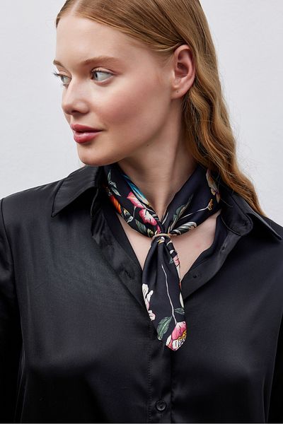 THE MOON Black Vegan Silk Scarf with Magnolia Flower Pattern