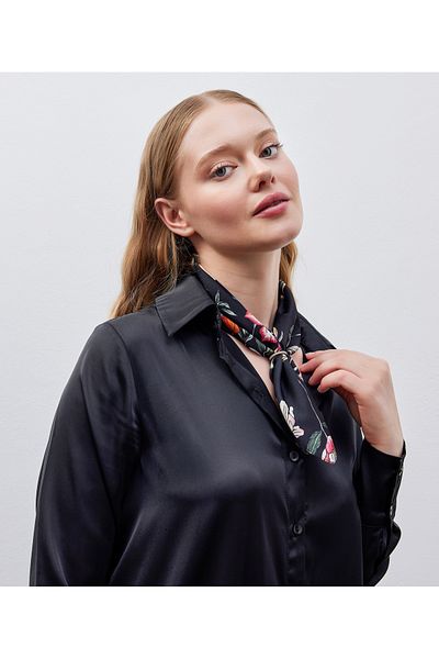 THE MOON Black Vegan Silk Scarf with Magnolia Flower Pattern