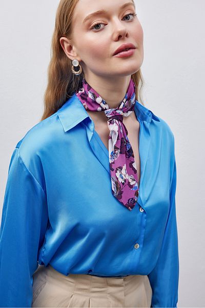 THE MOON Peony Patterned Magenta Vegan Silk Scarf