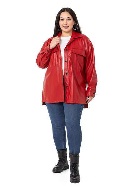 DISENTIS MODEST Large Size Leather Red Shirt with Flap Pockets and Side Slits