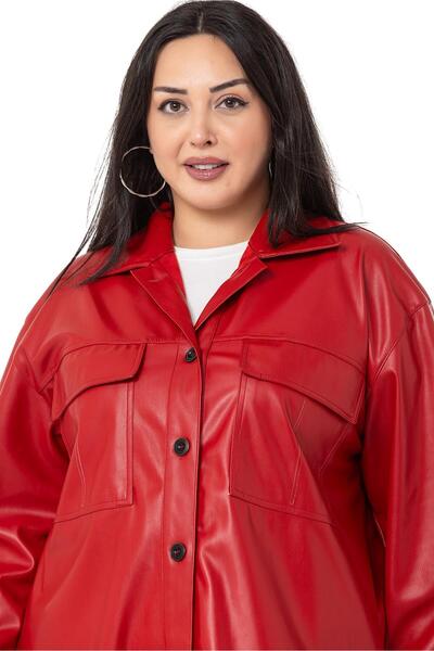 DISENTIS MODEST Large Size Leather Red Shirt with Flap Pockets and Side Slits