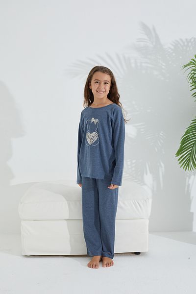 Siyah İnci Blue melange Set de pijamale tricotate din bumbac Lycra