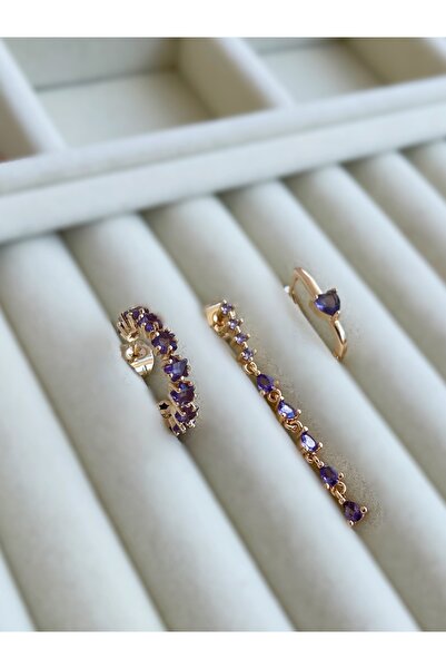 NİL Mor Sallantılı Üçlü Küpe Seti