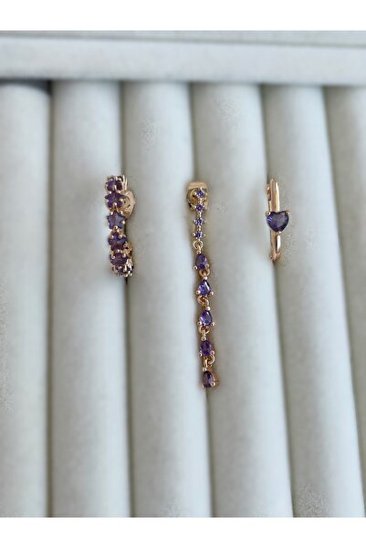 NİL Mor Sallantılı Üçlü Küpe Seti