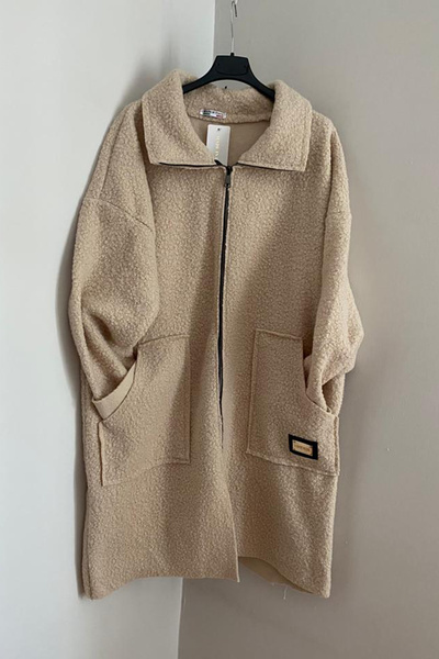 AYASOFYA OTANTIK Kadın Italyan Bej Fermuarlı Cepli Buklet Kaban