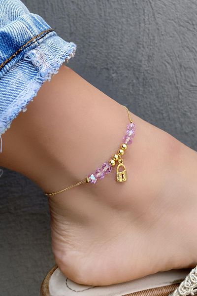 TAKIŞTIR Purple Bead Detailed 2 Years Warranty Anklet with Lock Figure