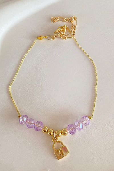 TAKIŞTIR Purple Bead Detailed 2 Years Warranty Anklet with Lock Figure