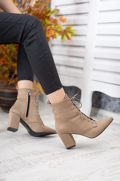 DİVOLYA Eliz Mink Suede Μυτερή Μύτη (7 εκ.) Γυναικείες μπότες με τακούνι με κορδόνια