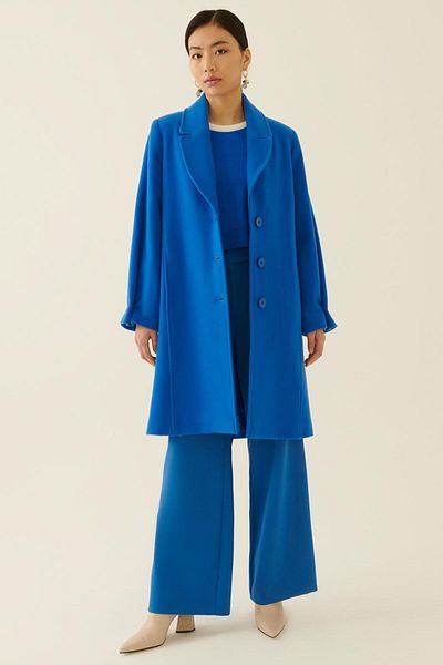 Perspective Wender Comfortable Fit Men's Collar Below the Knee Saks Blue Color Women's Coat