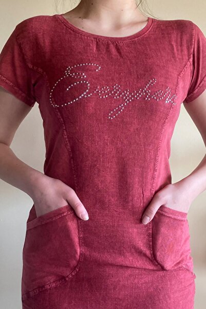 Mia Butik Women's Dark Red Dress with Written Stones on the Front