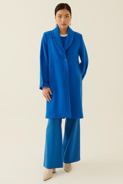 Perspective Wender Comfortable Fit Men's Collar Below the Knee Saks Blue Color Women's Coat