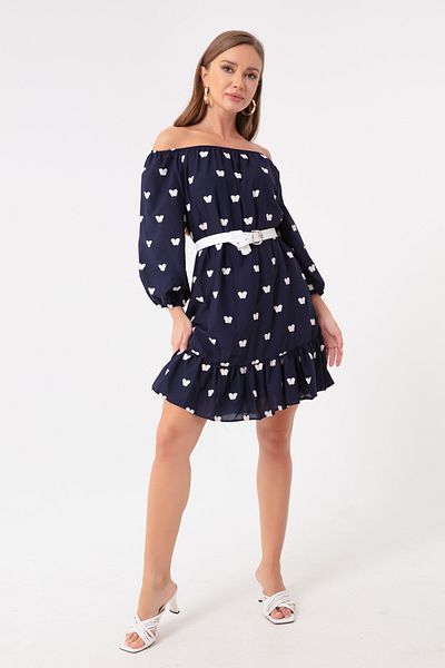 Lafaba Women's Navy Blue Sleeves Elastic Belted Dress