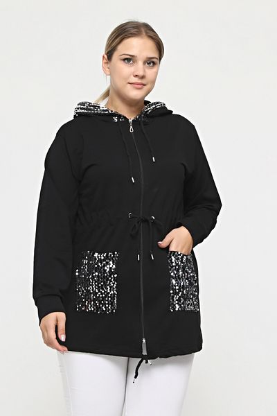 tarzımsüper Women's Large Size Black Hooded, Shiny Sequin Detailed, Zippered Pocket, Comfortable and Stylish Sweatshirt