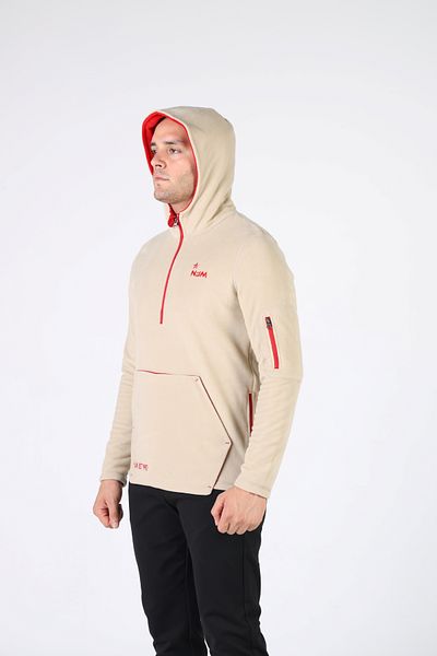 NJM SPORT WEAR Ανδρικό φλις μπεζ κόκκινο με μισό φερμουάρ τσέπη με κουκούλα για εξωτερικούς χώρους Slim Fit Winter Sweat