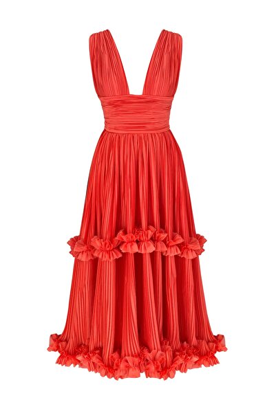 TARA COŞKUNTUNCEL Lotus Mercan Şifon Fırfırlı Elbise