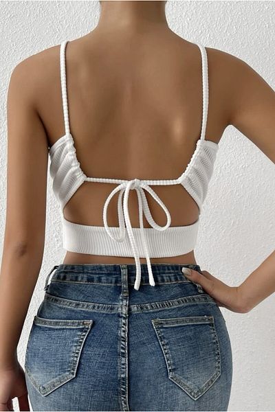 MADALİNA Γυναικεία Crop Top Μπλούζα με Λευκή Καμισολή Πίσω Γραβάτα με ζωσμένη