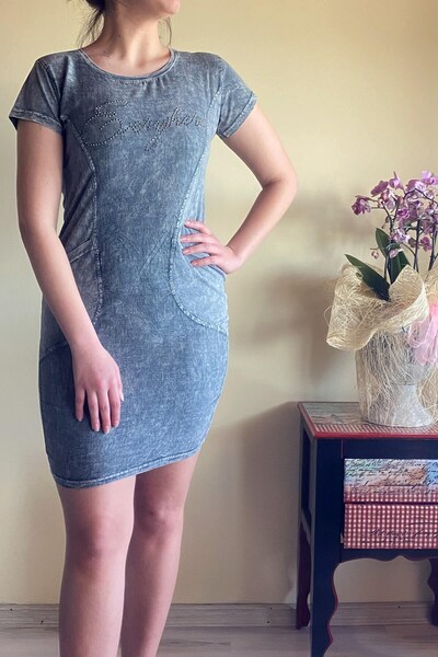 Mia Butik Women's Gray Dress with Written Stones on the Front