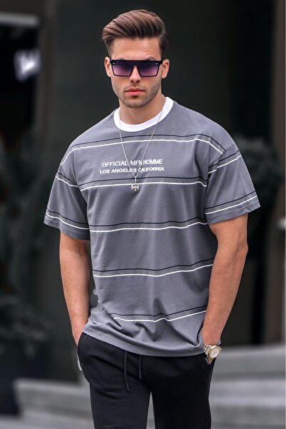 Madmext Tricou pentru bărbați, cu dungi afumate, cu decolteu rotund, cu croia...